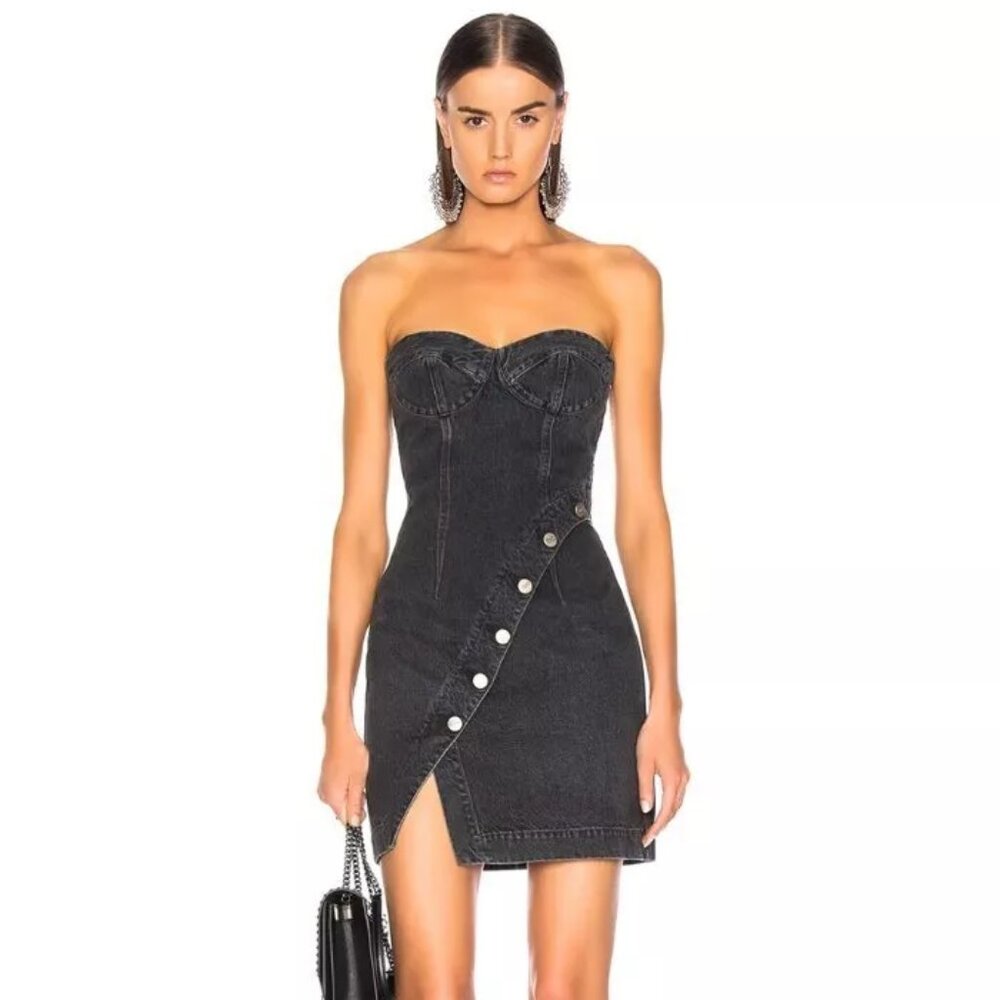 Jean Atelier Onyx Black Denim Asymmetric Button Claudia Dress
